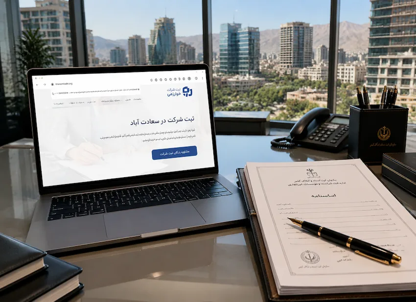 دفتر کار مدرن برای خدمات ثبت شرکت در سعادت آباد با نمایش سایت kharazmisabt.org