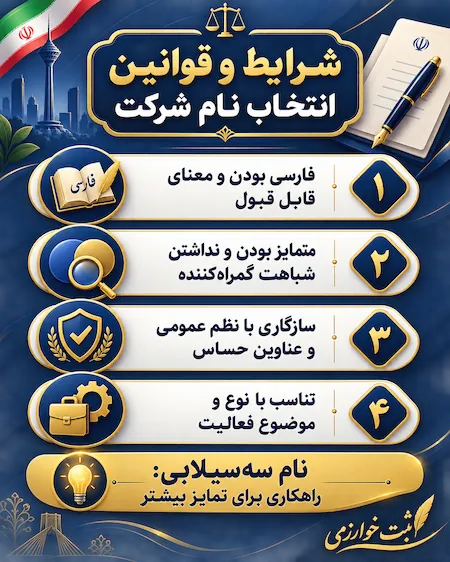 اینفوگرافیک معیارهای انتخاب نام شرکت شامل فارسی بودن، تمایز، سازگاری با قوانین و موضوع فعالیت